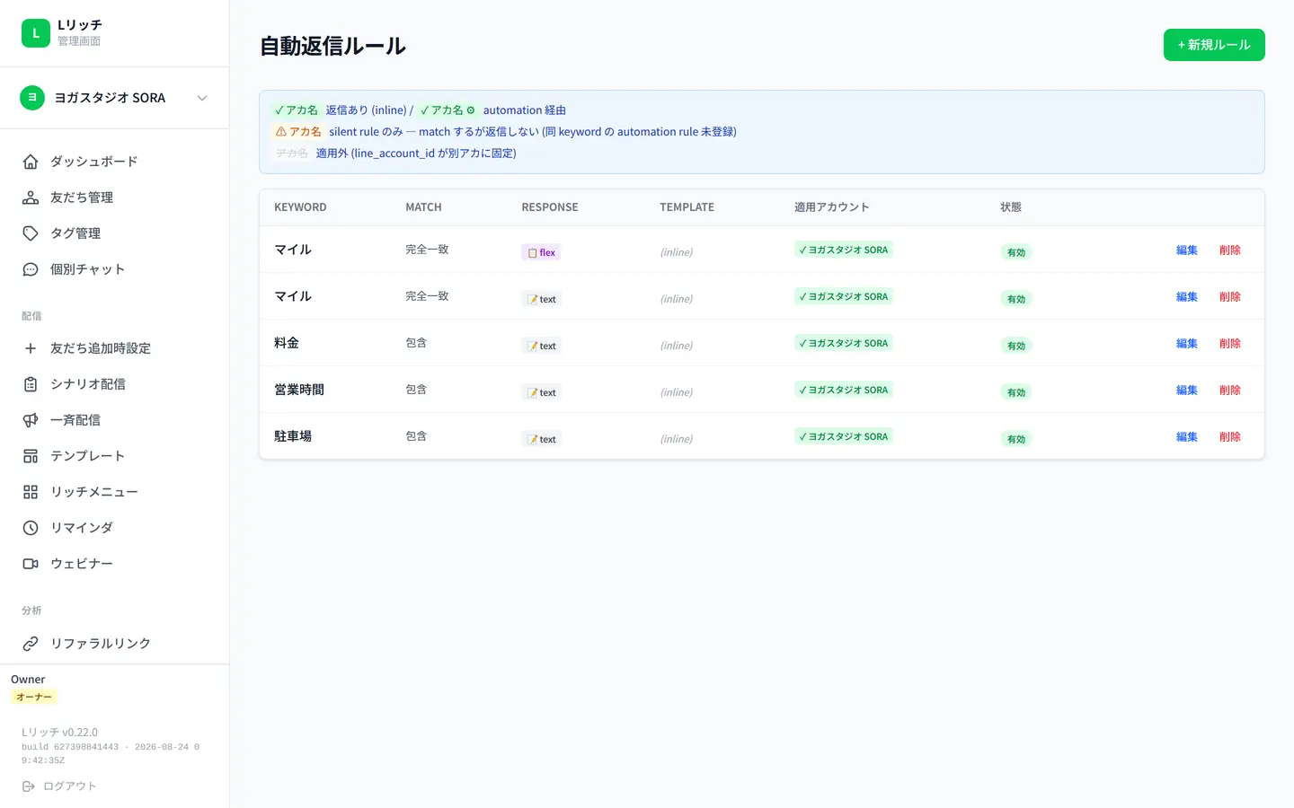 自動応答の設定画面。決めた言葉と、返す文面の組み合わせが並んでいる
