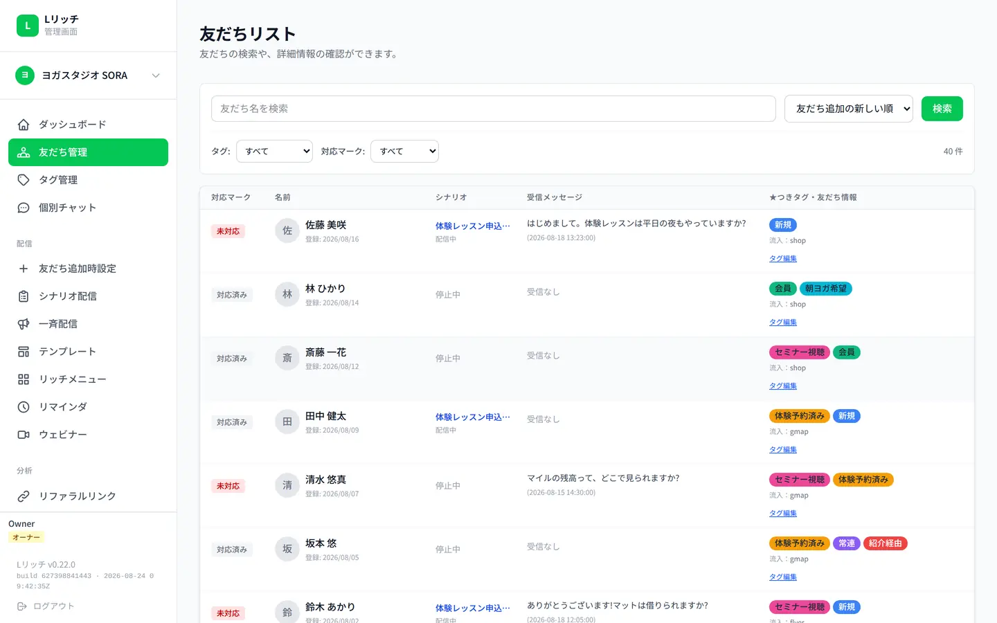 友だち一覧。名前・登録日・進行中のステップ配信・受け取ったメッセージ・タグが1行ずつ並び、未対応の人に印が付いている